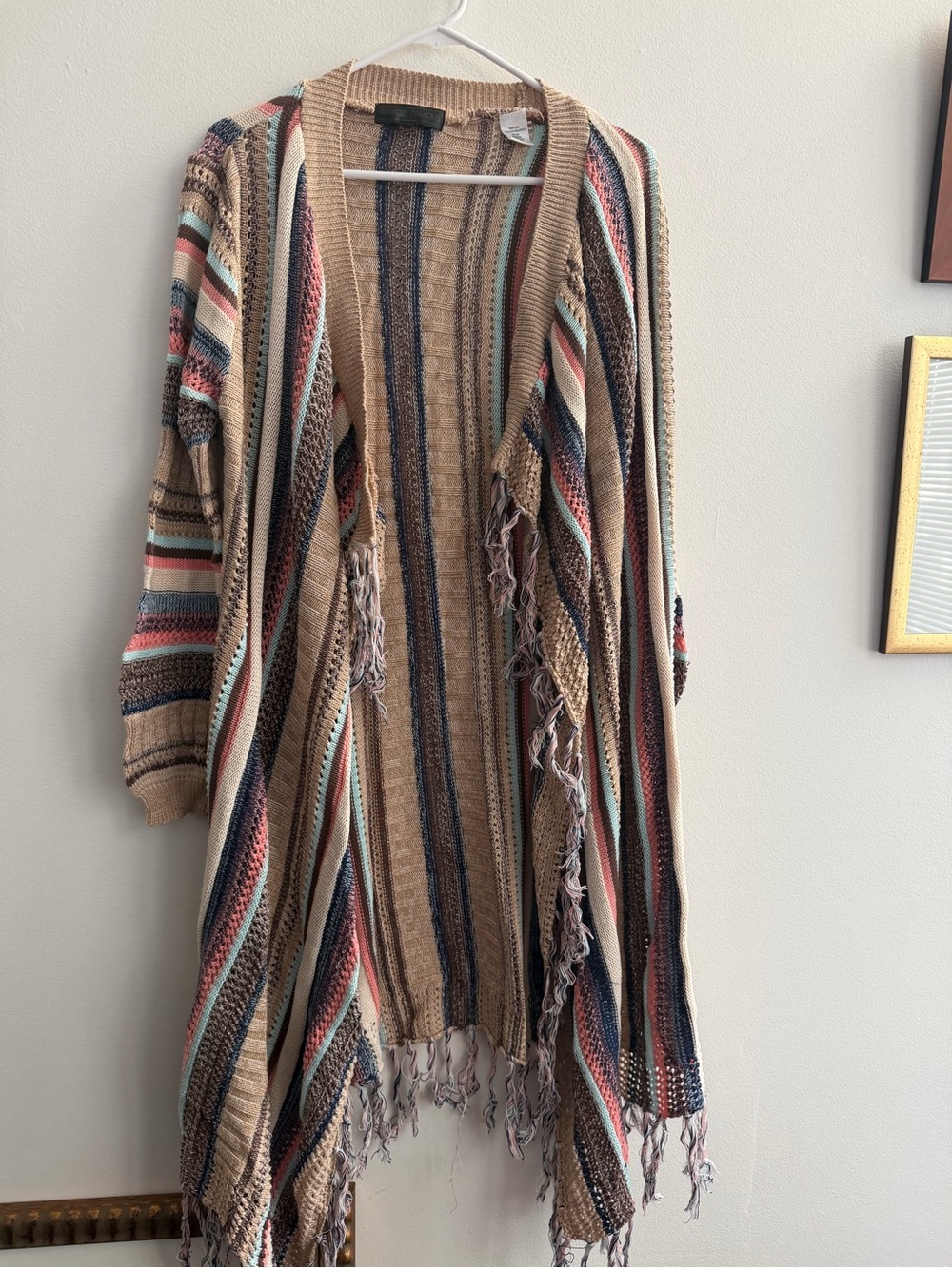 Almost Famous Tan and Navy Open Knit Cardigan
